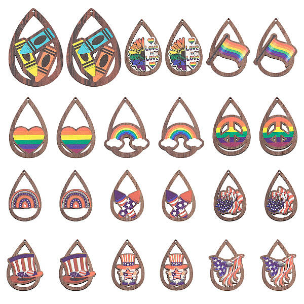 48Pcs 12 Styles Single Face Printed Aspen Wood Big Pendants