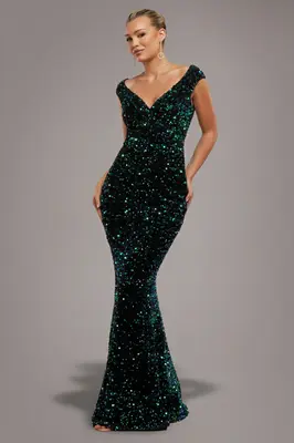Goddiva Multi Sequin & Velvet Bardot Maxi - Emerald Green