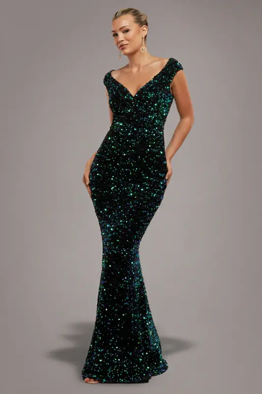 Goddiva Multi Sequin & Velvet Bardot Maxi - Emerald Green