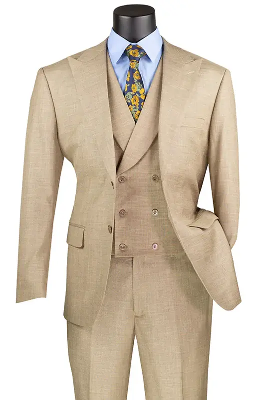 Sharkskin Men's Suit with Double Breasted Vest - Summer Tan