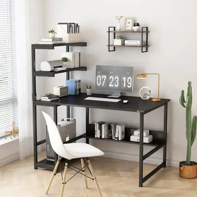 ALISENED Minimal Computer Desk with 4-Tier Storage Shelves, Modern Large Desk with Bookshelf for Home Office, Study, and Gami...