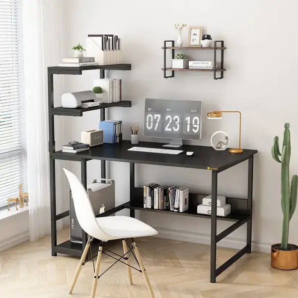 ALISENED Minimal Computer Desk with 4-Tier Storage Shelves, Modern Large Desk with Bookshelf for Home Office, Study, and Gami...