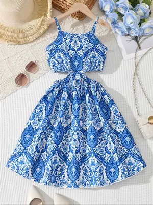 Girl's Floral Print Bandeau Dress, Boho Sleeveless Midi Dress for Beach Holiday Vacation, Kids Clothes for Summer