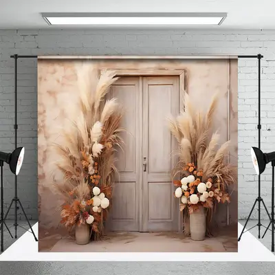 Beige Abstract Wall Boho Floral Door Photo Backdrop - Aperturee