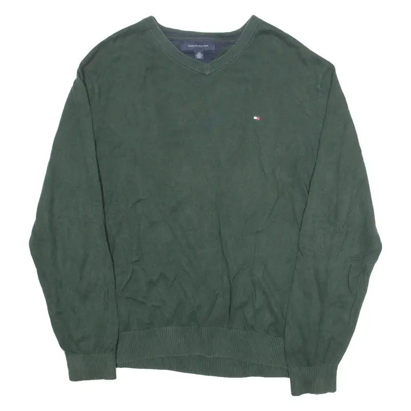 TOMMY HILFIGER Mens Jumper Green V-Neck Tight Knit L