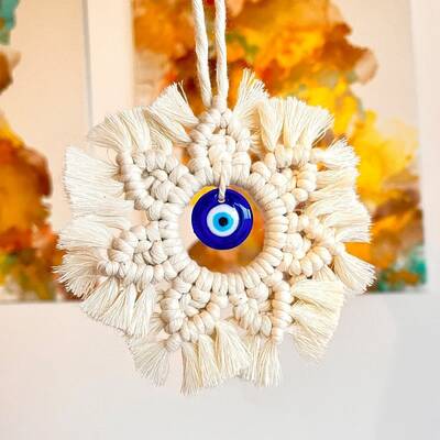 Handmade Macrame Cotton Cord with Turkish Glass Evil Eye Wall Hanging Ornament