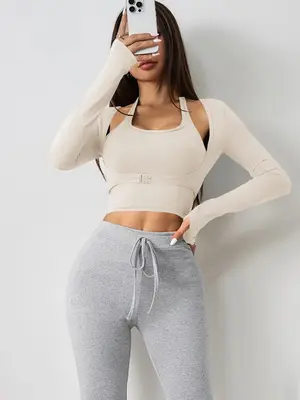 Women's Halter Crop Tank Top & Thumb Hole Sports Tee Set, Sleeveless Top & Buckle Front Sports Top Set, Gym Yoga Exercise Clo...