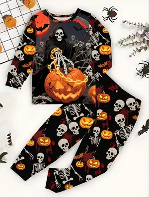 Two-piece Set Boy's Halloween Themed Clothing Set , Casual Skeleton Print Long Sleeve Pullover & Elastic Waist Pants, Kids Fa...