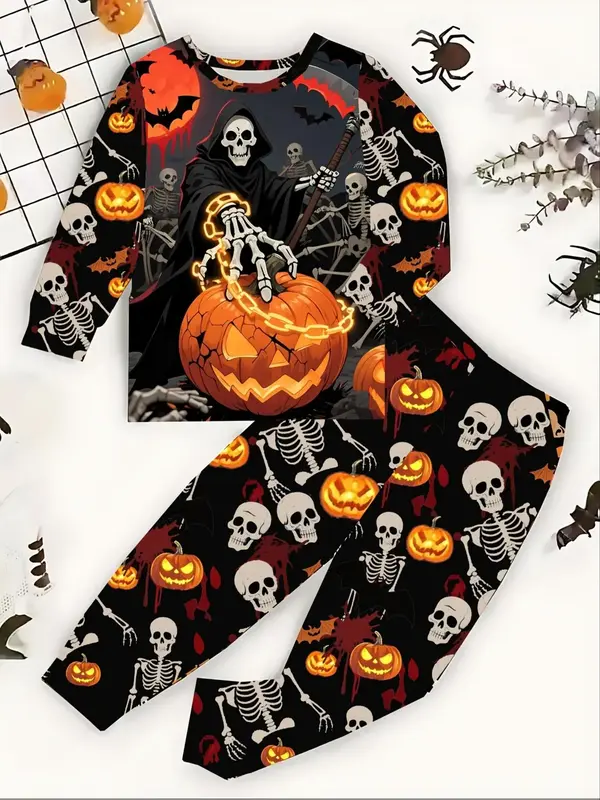 Two-piece Set Boy's Halloween Themed Clothing Set , Casual Skeleton Print Long Sleeve Pullover & Elastic Waist Pants, Kids Fa...