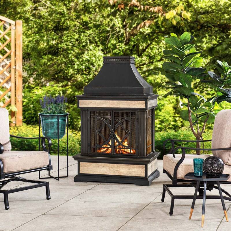 SUNJOY 57 Inch Outdoor Wood Burning Fireplace with PVC Cover - Black & Golden