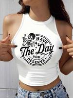Women's Skeleton & Letter Print Round Neck Crop Tank Top, Casual Sleeveless Crew Neck Top for Summer, Ladies Clothes for Dail...