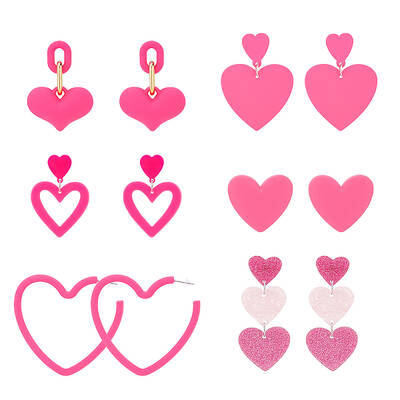 6 Pairs 6 Style Plastic & Acrylic Heart Dangle Stud Earrings