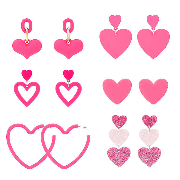 6 Pairs 6 Style Plastic & Acrylic Heart Dangle Stud Earrings