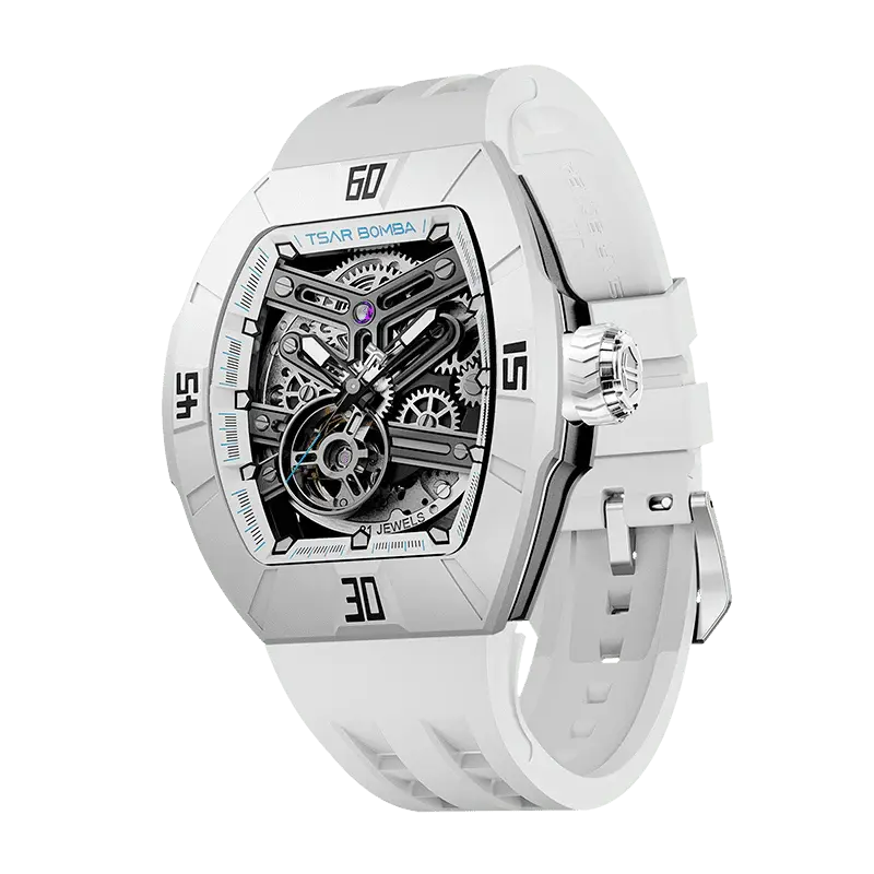 TSAR BOMBA Men's Automatic Skeleton Watch | Interchangeable Luxury Design | Dynamic White | Atomic TB8218 | Fluororubber