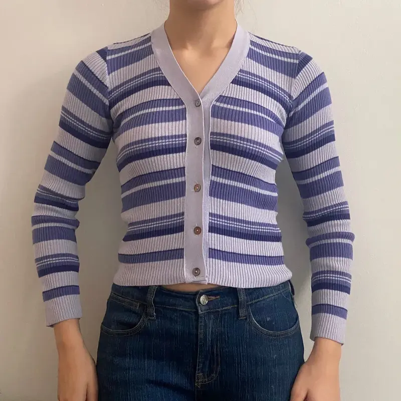 Teddy Striped Cardigan - XS Purple Cotton Blend