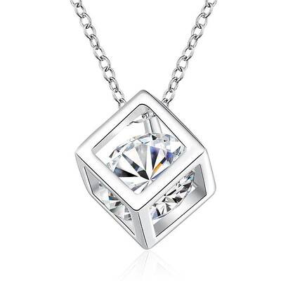 Silver Color Plated Brass Cubic Zirconia Cube Pendant Necklace