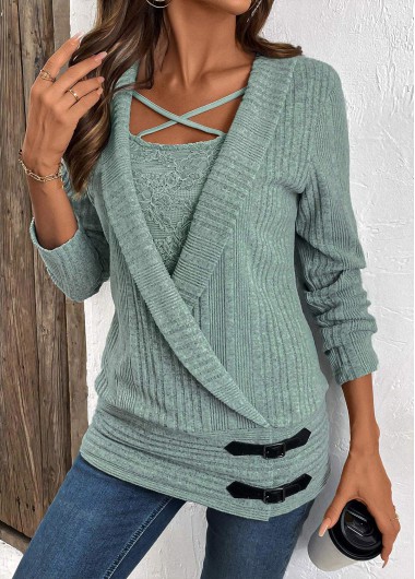 Modlily Green Surplice Long Sleeve Fake Two Piece Twinset - XL