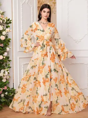 Women's Floral Print V Neck Arabian Dress, Modest Elegant Long Sleeve Dress for Spring & Fall, Women's Islamic Clothing for D...