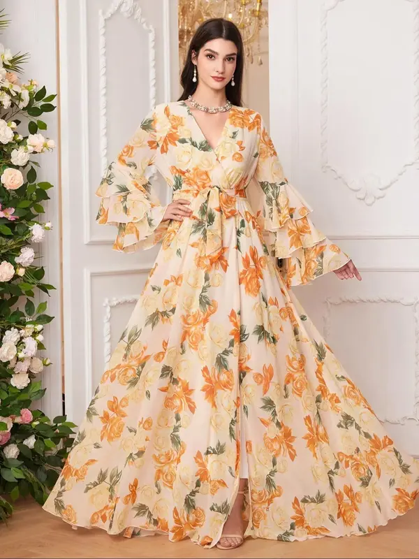 Women's Floral Print V Neck Arabian Dress, Modest Elegant Long Sleeve Dress for Spring & Fall, Women's Islamic Clothing for D...