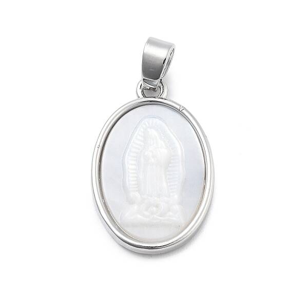 Brass Pave Carved Natural White Shell Religion Oval Pendants