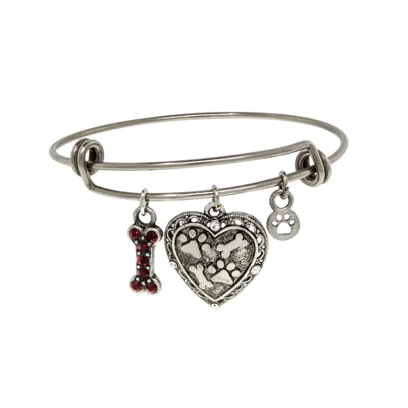 Pewter Heart Bone Paw Print Charm Bracelet