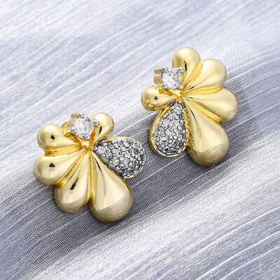 Flower Brass Micro Pave Clear Cubic Zirconia Stud Earrings