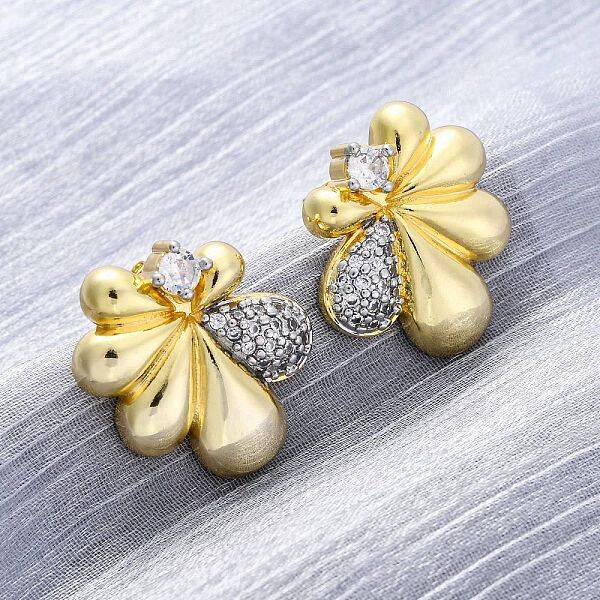 Flower Brass Micro Pave Clear Cubic Zirconia Stud Earrings