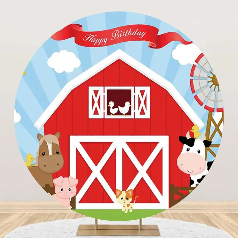 Red Barn Animals Windmill Circle Birthday Backdrop - Aperturee