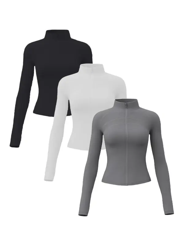 Women's Solid Zip Up Thumb Hole Sports Jacket, Sports Long Sleeve Stand Collar Outerwear for Yoga Gym Workout, Ladies Sportsw...