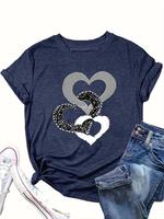 【Plus Size】 Heart Print Round Neck Tee, Fashion Casual Crew Neck Short Sleeve T-shirt for Daily Holiday Vacation Outdoor ...