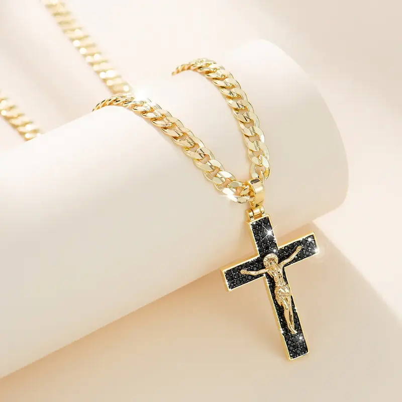 Holylegend 14k Gold-Plated Cuban, Figaro, Miami Chain with Jesus Christ Crucifix,24 inches Long and 6mm wide,Black Cz Stones