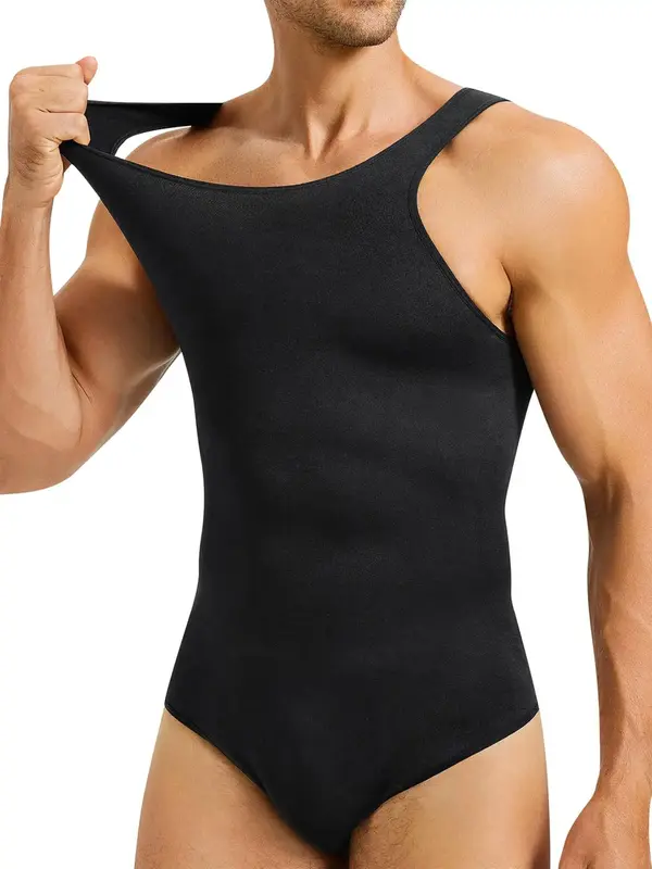 Men's Solid Tummy Control Shapewear Tank Top, Casual Comfy Breathable Sleeveless Compression Bodysuit For Daily Wear, Men's S...