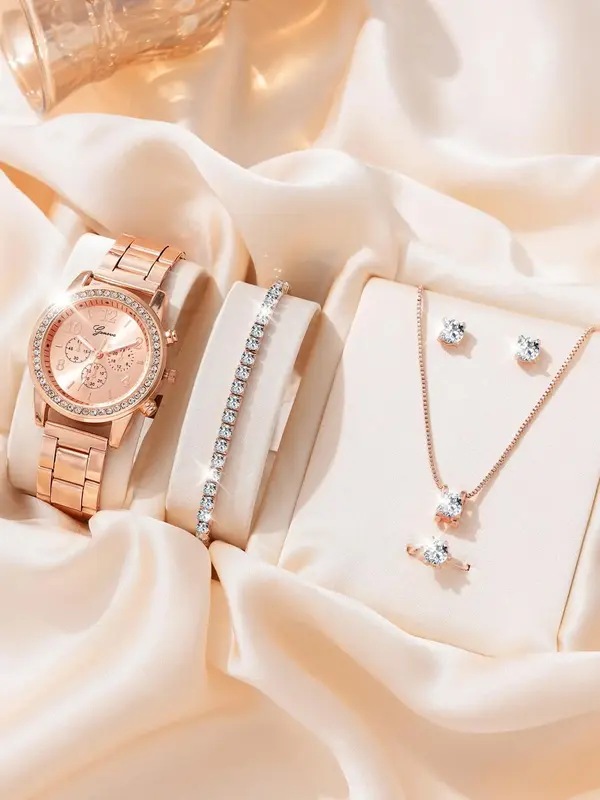 Women's Fashion Elegant Rose Golden Rhinestone Decorated Round Dial Digital Hands Quartz Watch, and Bracelet Ring Necklace Ea...