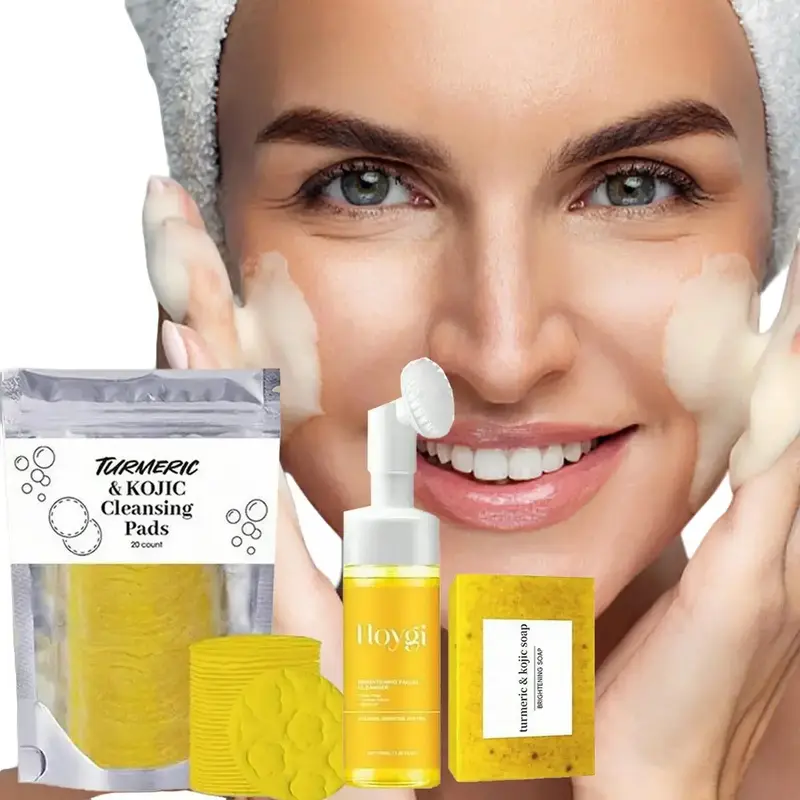 Turmeric Cleansing Pad & Cleanser & Facial Soap, 3 Counts/set Exfoliating Cleansing Facial Skincare Kit, Facial Skin Care Pro...