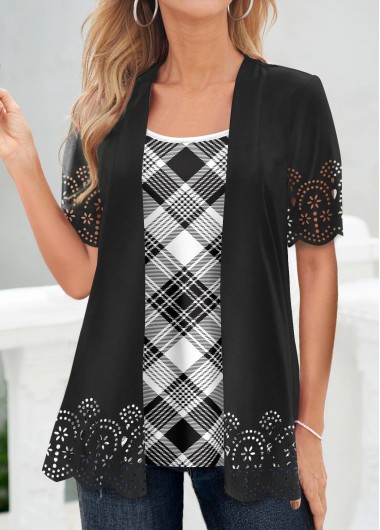 Modlily Black Plaid Short Sleeve Fake Two Piece Twinset - M