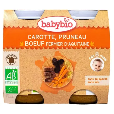 Babybio Pots Mezzogiorno - 8 months and + - Carrot, Plum, Farmer Beef - BIO 2x200 g