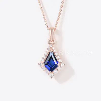 Rose Gold Kite Cut Blue Sapphire Necklace Halo Moissanite Pendant
