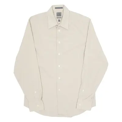CALVIN KLEIN Slim Fit Pinstripe Mens Shirt Beige Striped Long Sleeve M