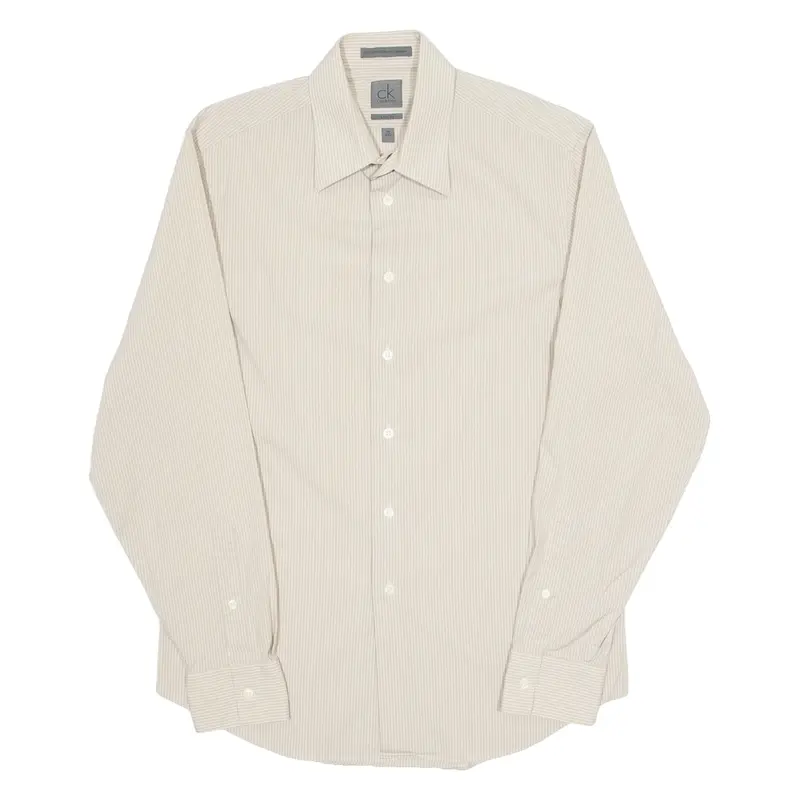 CALVIN KLEIN Slim Fit Pinstripe Mens Shirt Beige Striped Long Sleeve M