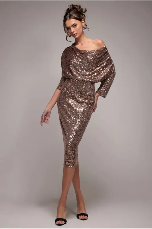 Goddiva Sequin Cowl Neck Midi Dress - Champagne