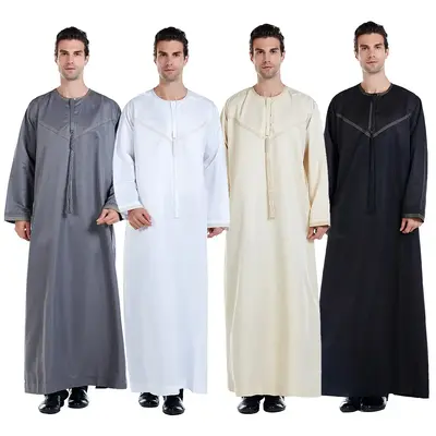 Middle East Mens Robe Arabic Thobe Pure Color Embroidery Big Size Comfortable Ethnic Wear Spring Autumn Fashion Men's Modest ...