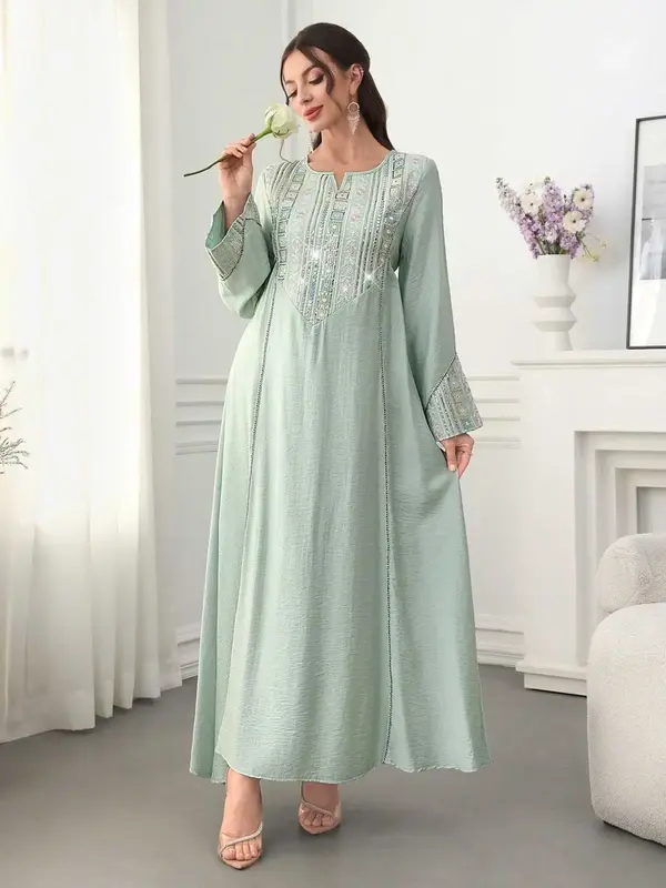Women's Elegant Embroidered Beaded Abaya Dress, Loose-Fit Woven Fabric, All-Season Wear, High-Quality Material, Stylish & Com...