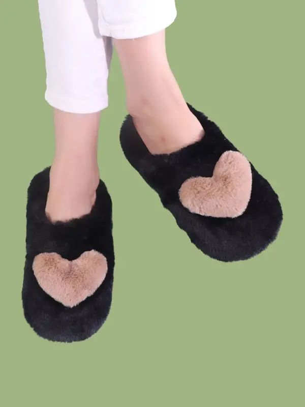 Minimalist Casual Fluffy House Slippers, Fashion Comfort Heart Design Plush Fuzzy Slippers for Galentinesparty, Warm & Soft B...