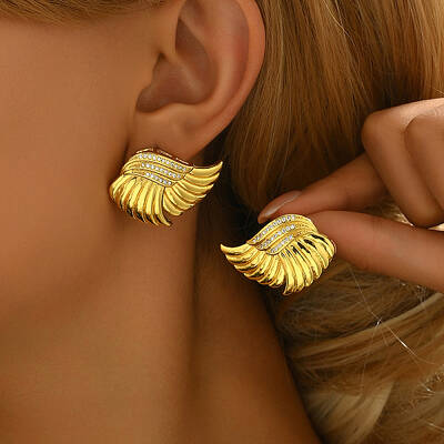 Vintage Punk Style Brass Clear Cubic Zirconia Wing Stud Earrings