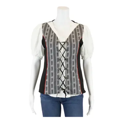 FARMER SHIRT Milkmaid Corset Top Black V-Neck Striped Short Sleeve Womens M