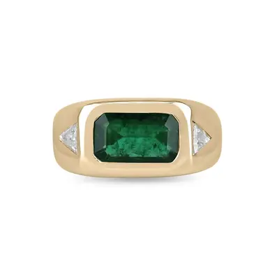 10K Gold East to West Rich Forest 3.75 CT.T.W. Green Emerald & Diamond Triangle Three Stone Ring