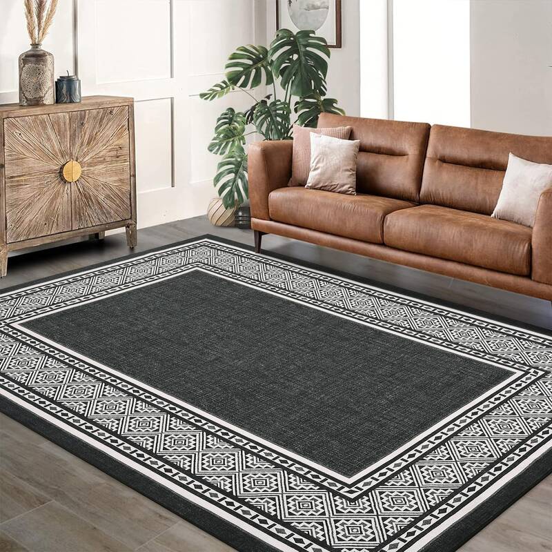 Garvee Modern Neutral Bordered Area Rug Black 10'x13' Soft Washable Non-Slip Polyester Geometric Low-Pile Living Room Bedroom