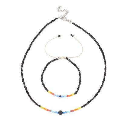 Glass Seed Beaded Necklace & Braided Beaded Bracelet