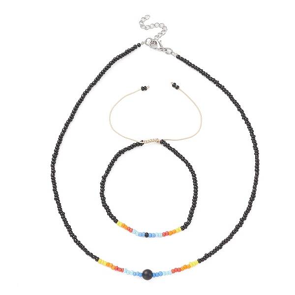 Glass Seed Beaded Necklace & Braided Beaded Bracelet