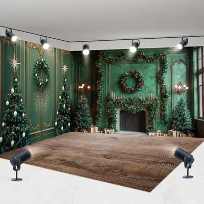 Aperturee Green Wall Tree Fireplace Christmas Room Set Backdrop | Christmas Backdrops For Photography | Diy Christmas Backdro...
